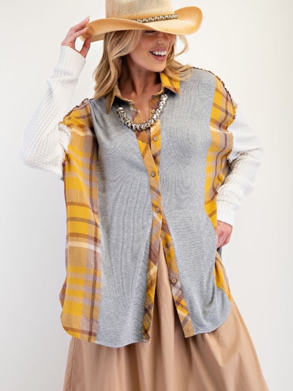New Easel Plaid Oversized Shirt Thermal Gray Mixed Media Button Front Top